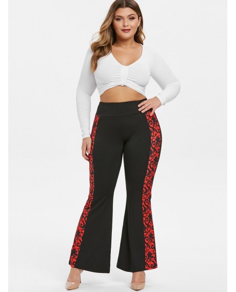 High Waisted Printed Plus Size Flare Pants - Black L
