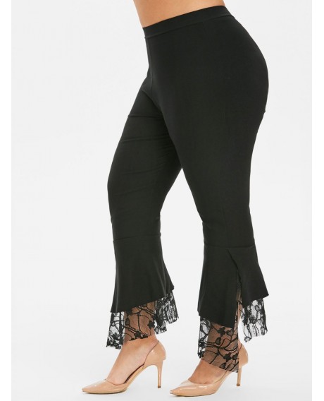 Slit Lace Panel High Waisted Plus Size Flare Pants - Black L