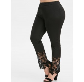 Plus Size High Waist Lace Insert Pants - Black L