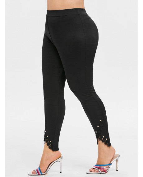 Plus Size Rivets Lace Trim Pants - Black L