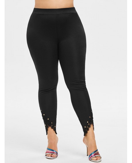Plus Size Rivets Lace Trim Pants - Black L