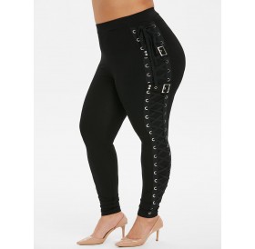 Plus Size Buckle Side Lace Up Pants - Black L