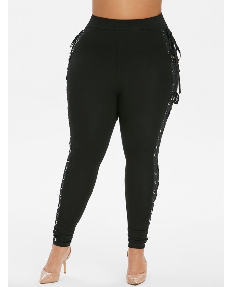 Plus Size Buckle Side Lace Up Pants - Black L