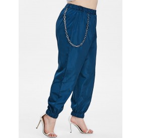 Plus Size Metal Chain Elastic Waist Jogger Pants - Blue 1x