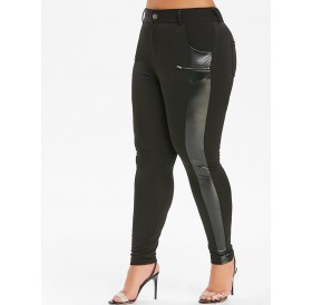 Plus Size Faux Leather Insert Skinny Pants - Black L
