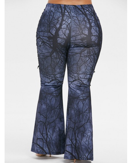 Lace-up Grommet Branch Print Flare Bottom Plus Size Pants - Black L