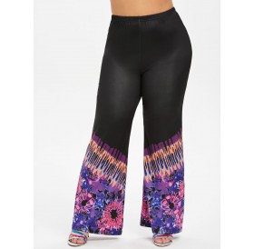 Printed High Waisted Boot Cut Plus Size Pants - Black L