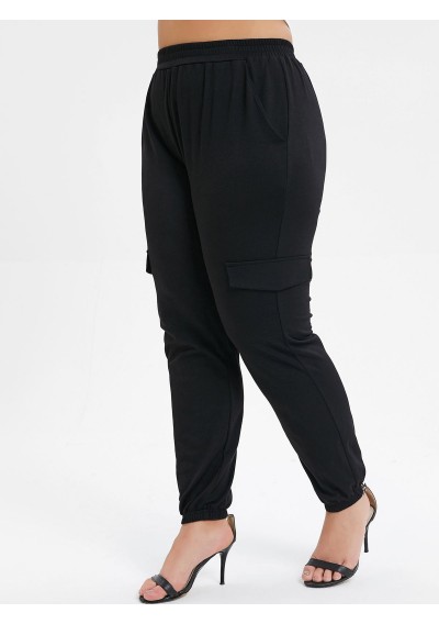 Plus Size Elastic Waist Pocket Solid Jogger Pants - Black L