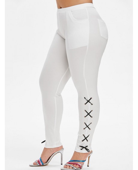 Lace Up Side Pockets Skinny Plus Size Pants - White L