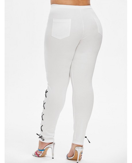 Lace Up Side Pockets Skinny Plus Size Pants - White L