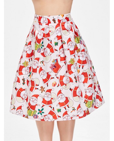 Plus Size High Waisted Santa Claus Print Christmas Skirt - White L