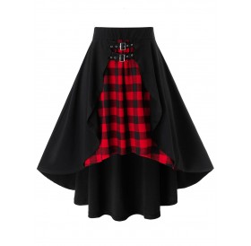 Plus Size Plaid Overlap Buckle Asymmetrical Skirt - Black L