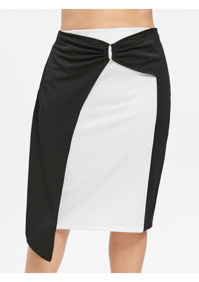 Plus Size Color Block O Ring Bodycon Skirt - Black L