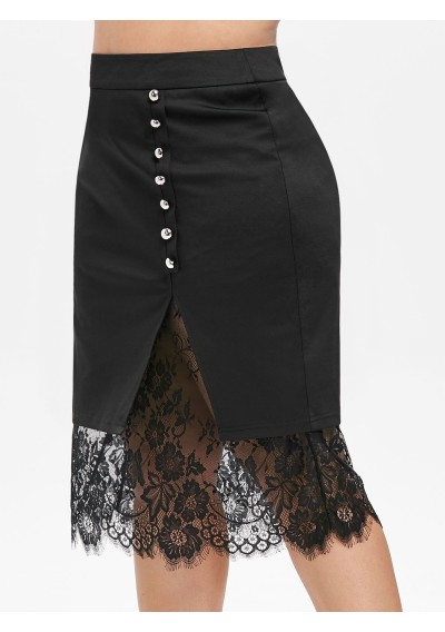 Plus Size Lace Insert Slit Bodycon Skirt - Black L