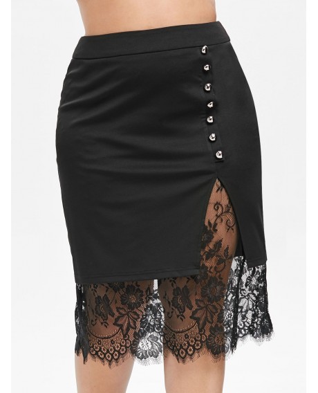 Plus Size Lace Insert Slit Bodycon Skirt - Black L