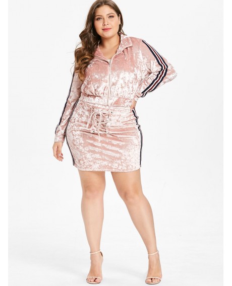 Plus Size Ribbons Lace Up Velvet Bodycon Skirt - Pink 2x