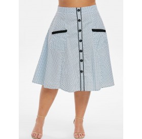 Dots Buttoned Front Pockets Plus Size Skirt - Light Blue L