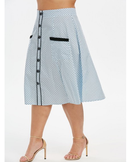 Dots Buttoned Front Pockets Plus Size Skirt - Light Blue L