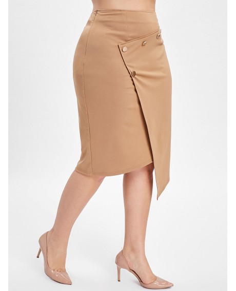 Plus Size Button Embellished Asymmetrical Skirt - Brown 1x