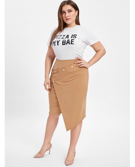 Plus Size Button Embellished Asymmetrical Skirt - Brown 1x