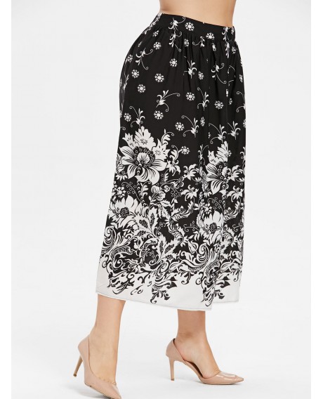 Plus Size Flower Pattern Flared Skirt - Black L