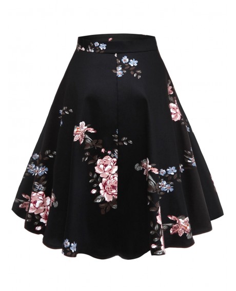 Plus Size Vintage Floral Print Flare Skirt - Black 1x