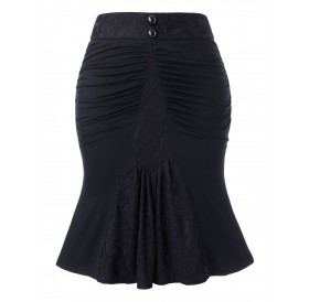 Plus Size Mermaid Solid Lace Panel Skirt - Black L