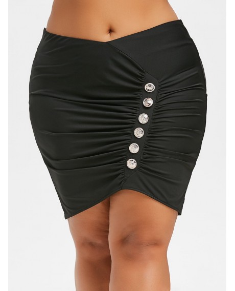 Plus Size Ruched Button Embellished Mini Bodycon Skirt - Black 3x