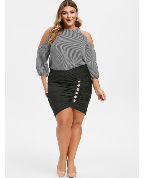 Plus Size Ruched Button Embellished Mini Bodycon Skirt - Black 3x