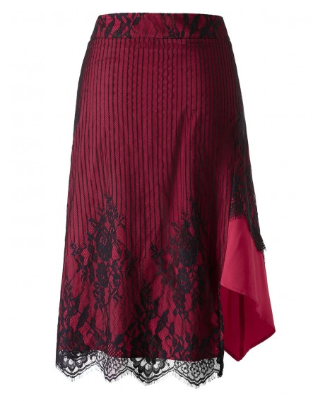 Plus Size Lace Overlay Midi Asymmetrical Skirt - Rose Red L