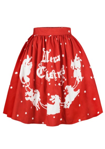 Plus Size Christmas Polka Dot Sled Print Skirt - Red 1x