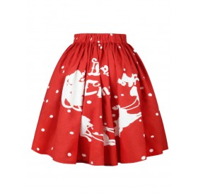 Plus Size Christmas Polka Dot Sled Print Skirt - Red 1x