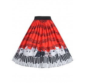 Plus Size Cat and Musical Note Skirt - Red L