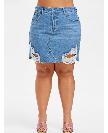 Plus Size High Waisted Distressed Mini Denim Skirt - Cornflower Blue L