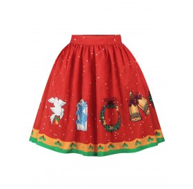 Plus Size Christmas Elk Print High Waisted Skirt - Red L