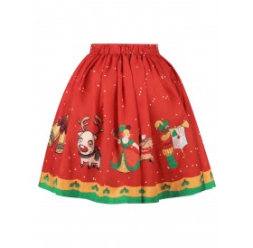Plus Size Christmas Elk Print High Waisted Skirt - Red L