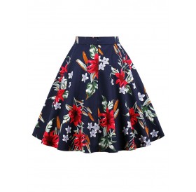 Plus Size Floral Print Flare Skirt - Cadetblue L