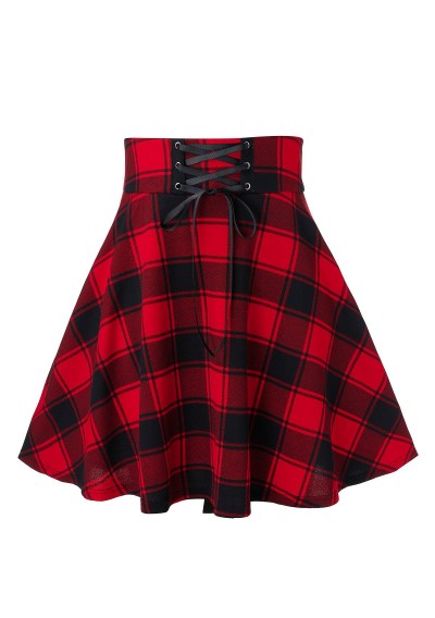 Plus Size Lace Up Plaid Mini Skirt - Lava Red L