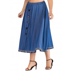 Plus Size Button Fringed Denim Skirt - Denim Blue 3xl