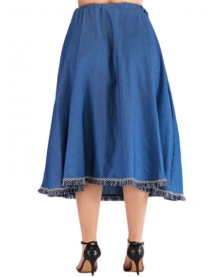Plus Size Button Fringed Denim Skirt - Denim Blue 3xl