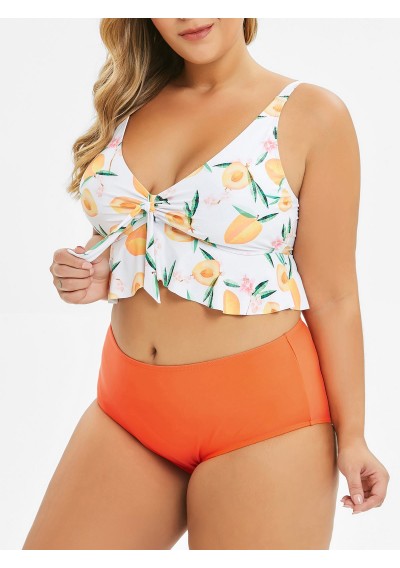 Peach Print Contrast Flounces Knotted Plus Size Tankini Set - Orange L
