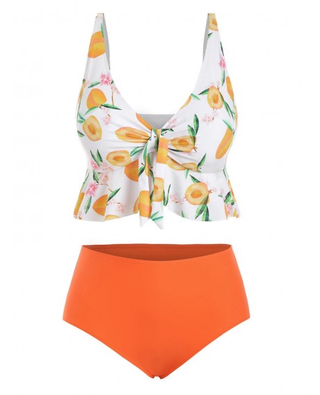 Peach Print Contrast Flounces Knotted Plus Size Tankini Set - Orange L