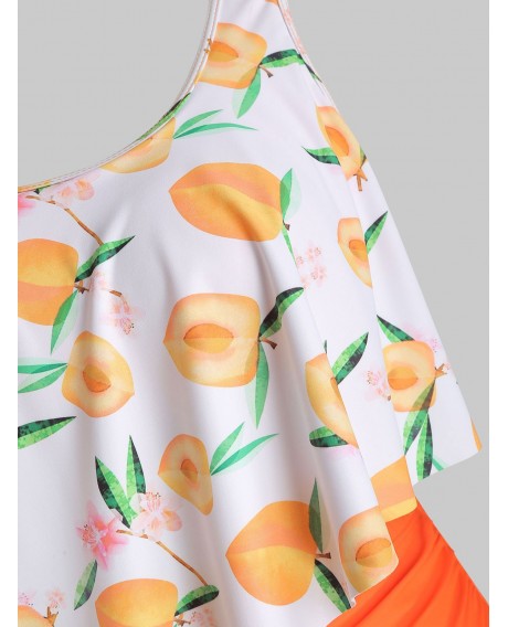 Peach Print Strappy Contrast Plus Size Tankini Set - Orange L