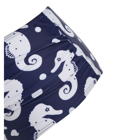 Ruched Plus Size Seahorse Print Tankini Set - Cobalt Blue L