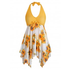 Bowknot Sunflower Floral Butterfly Plus Size Tankini Set - Bee Yellow L
