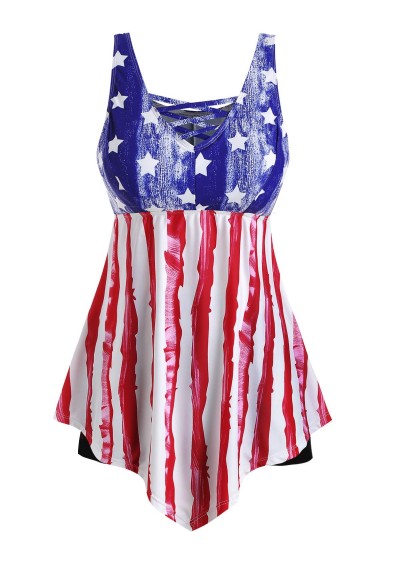 American Flag Contrast Lattice Plus Size Tankini Swimsuit - Multi-a L