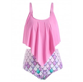 Plus Size Ruffle Fish Scale Print Tankini Swimsuit - Hot Pink L