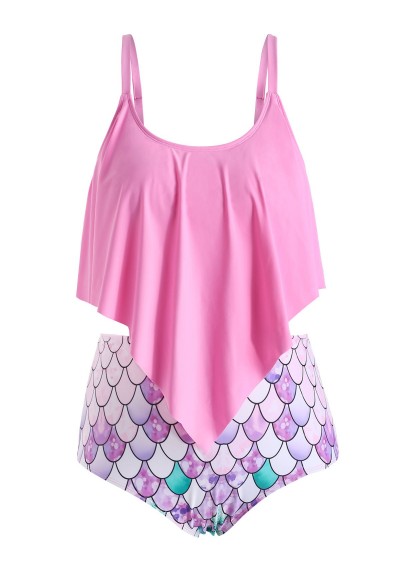 Plus Size Ruffle Fish Scale Print Tankini Swimsuit - Hot Pink L