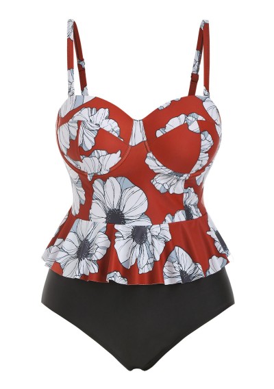 Floral Contrast Ruffles Plus Size Tankini Set - Cherry Red 5x