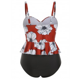 Floral Contrast Ruffles Plus Size Tankini Set - Cherry Red 5x